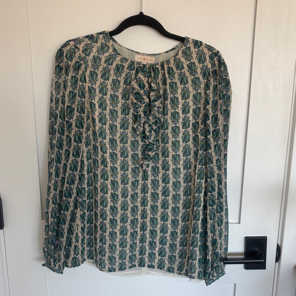 Tory Burch Teal and Cream beetle Patterned Blouse ruffle in front. silk